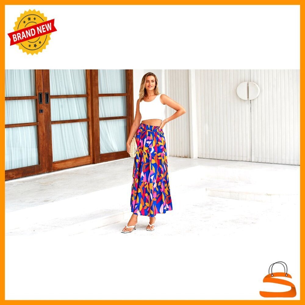Floral Print A-Line Maxi Skirt with Pockets, Elastic High Waist, Viscose Blend - Picture 6 of 7